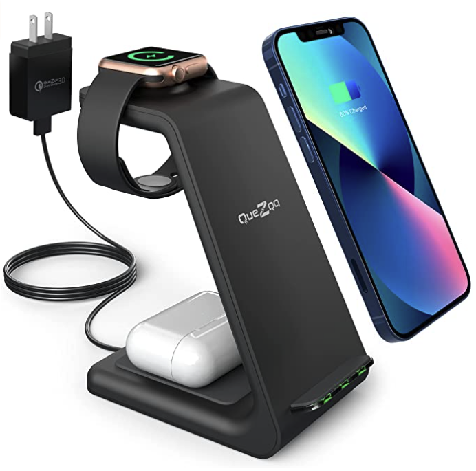 Wireless Charging Stand – 3 in 1 Fast Wireless Charger – Qi Charging Station Dock Compatible with AirPods Pro Apple Watch 7 SE 6 5 4 3 2 iPhone 13 Pro Max 12 11 Pro Max Xs X with QC3.0 Adapter