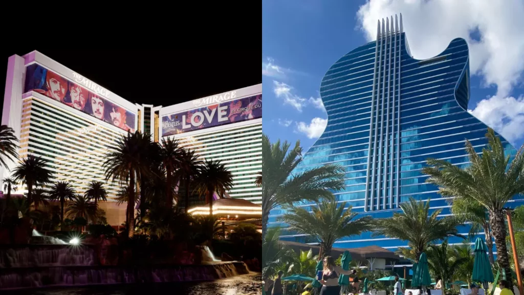 While you do have the Hard Rock Cafe and Hard Rock Hotel in Las Vegas, the Hard Rock gaming property is The Mirage. The plan is to build a guitar-shaped tower sometime in the future.