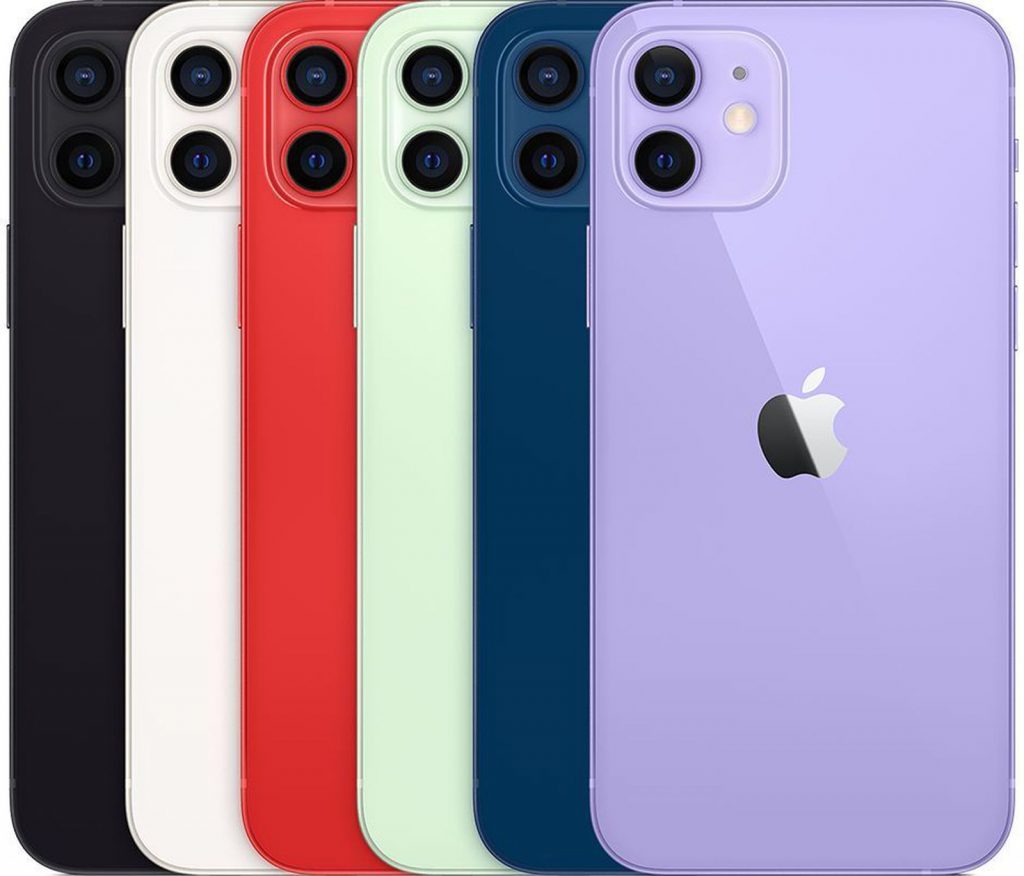 The iPhone 12 is available in five different color options - black, white, red, green, blue, and purple